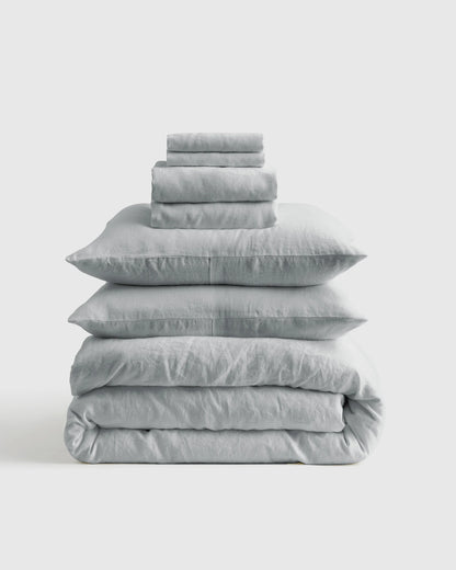 European Linen Deluxe Bedding Bundle - Twin / Willowleaf/White Stripe