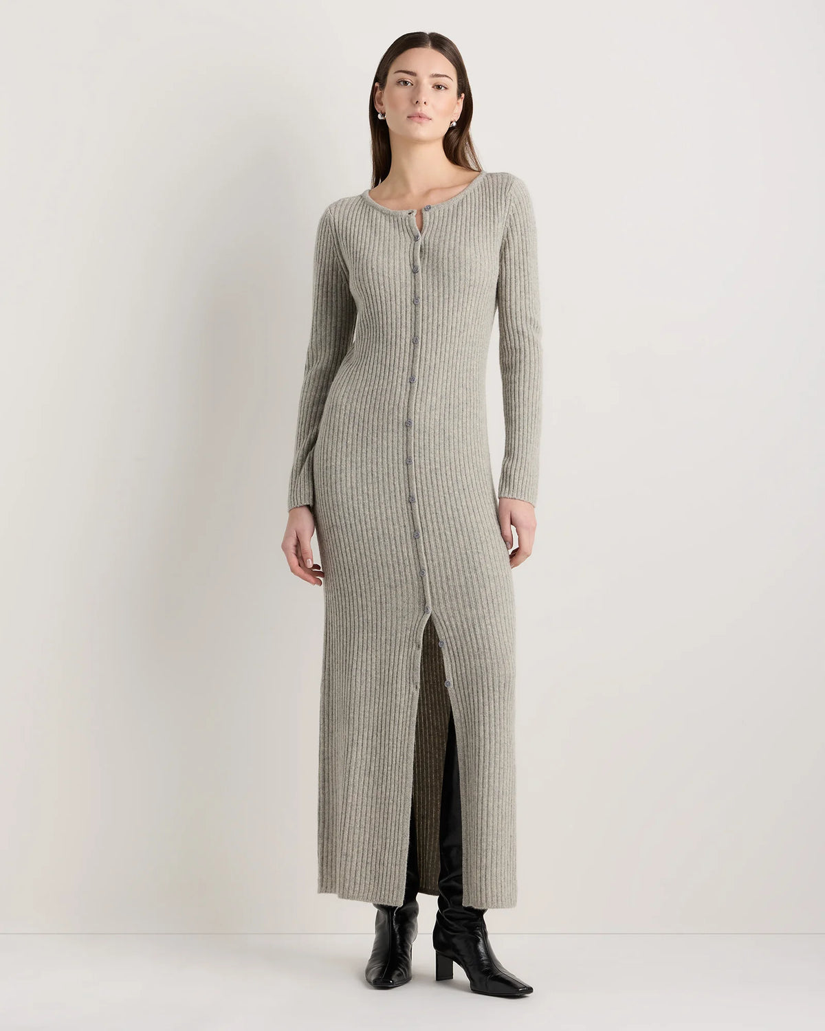 100% Yak Wool Ribbed Cardigan Sweater Dress - XS / Heather Brown