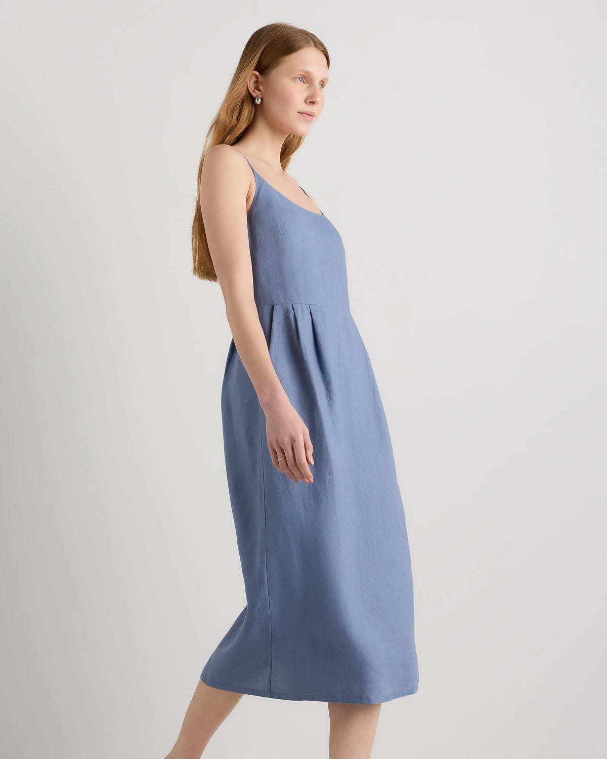 100% European Linen Scoop Neck Midi Dress - XS / Ivory Porcelain Blue Petite Floral