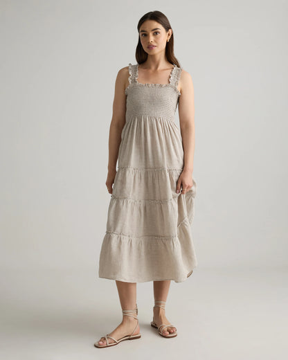 100% European Linen Smocked Midi Dress - XS / Ivory Porcelain Blue Petite Floral