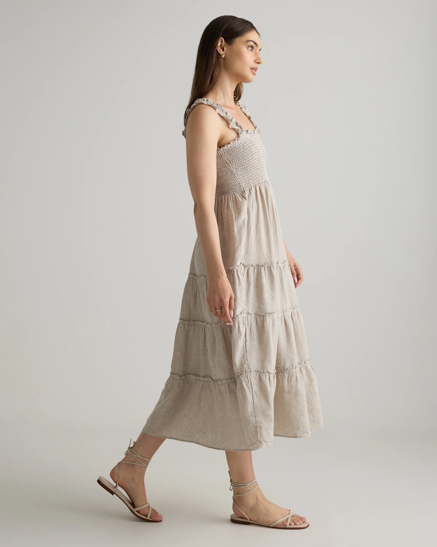 100% European Linen Smocked Midi Dress - XS / Ivory Porcelain Blue Petite Floral