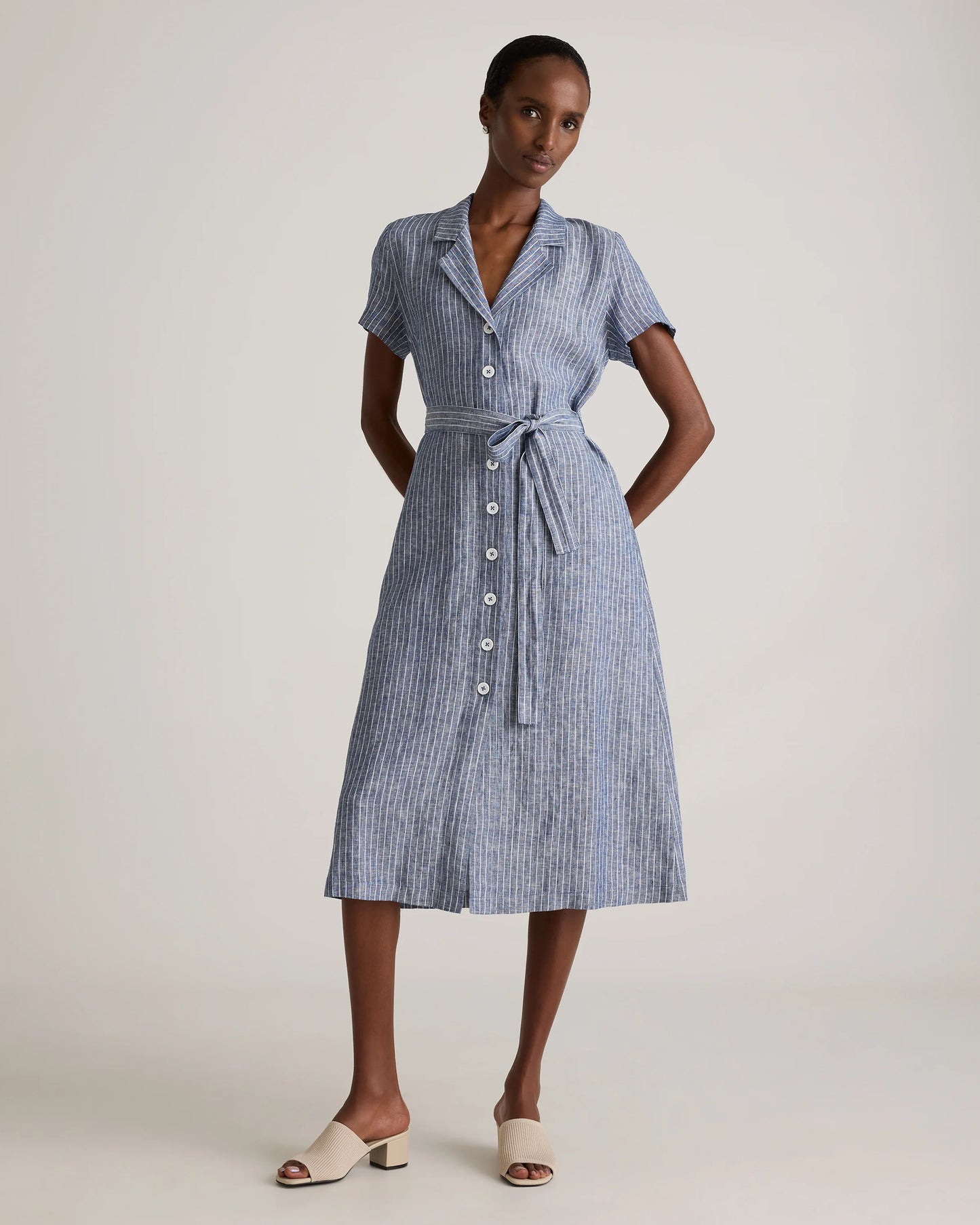 100% European Linen Button Front Dress - XS / Sky Blue Mariner Stripe