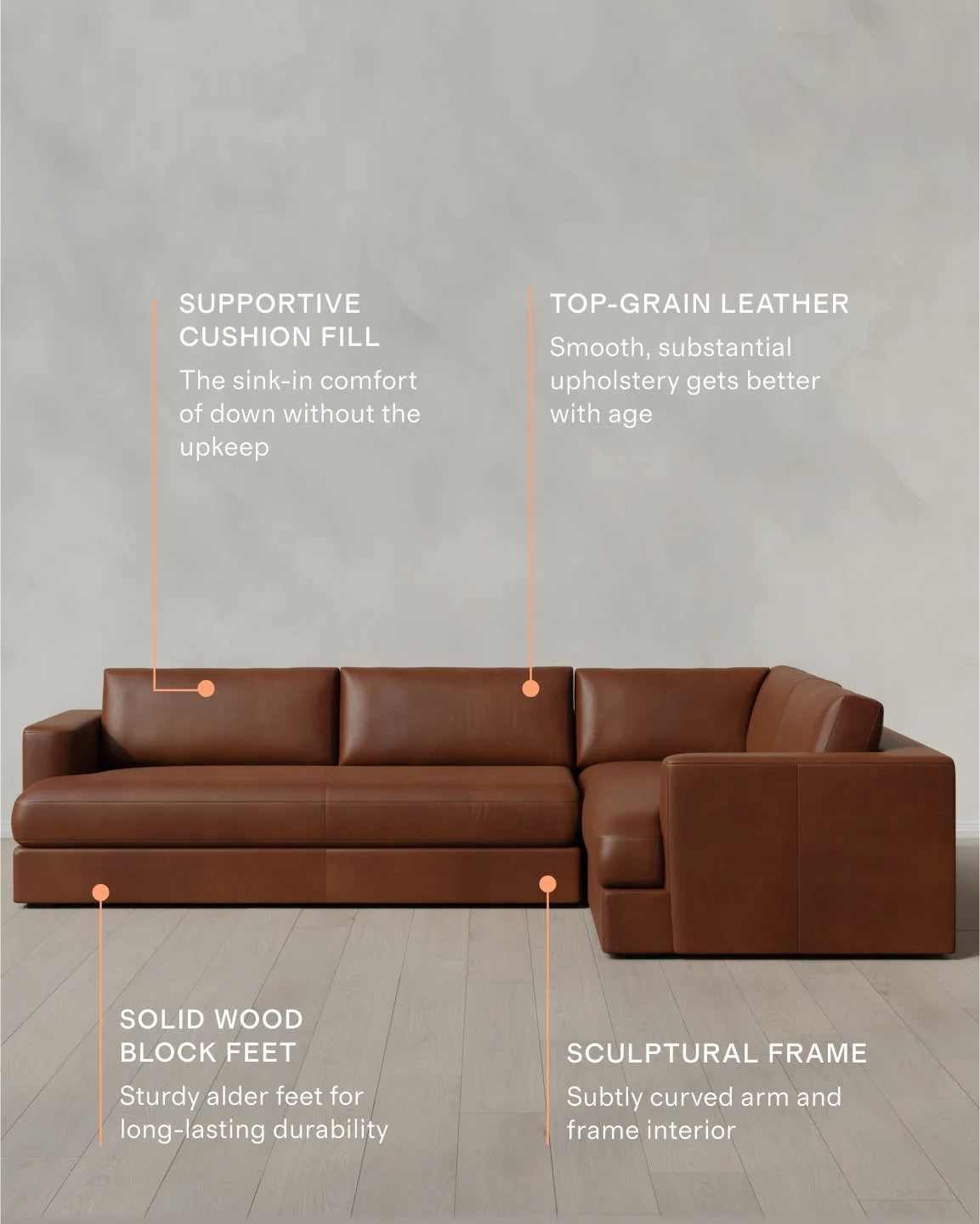 Sierra Curved Arm L Sectional in Leather - Right Arm / Auburn