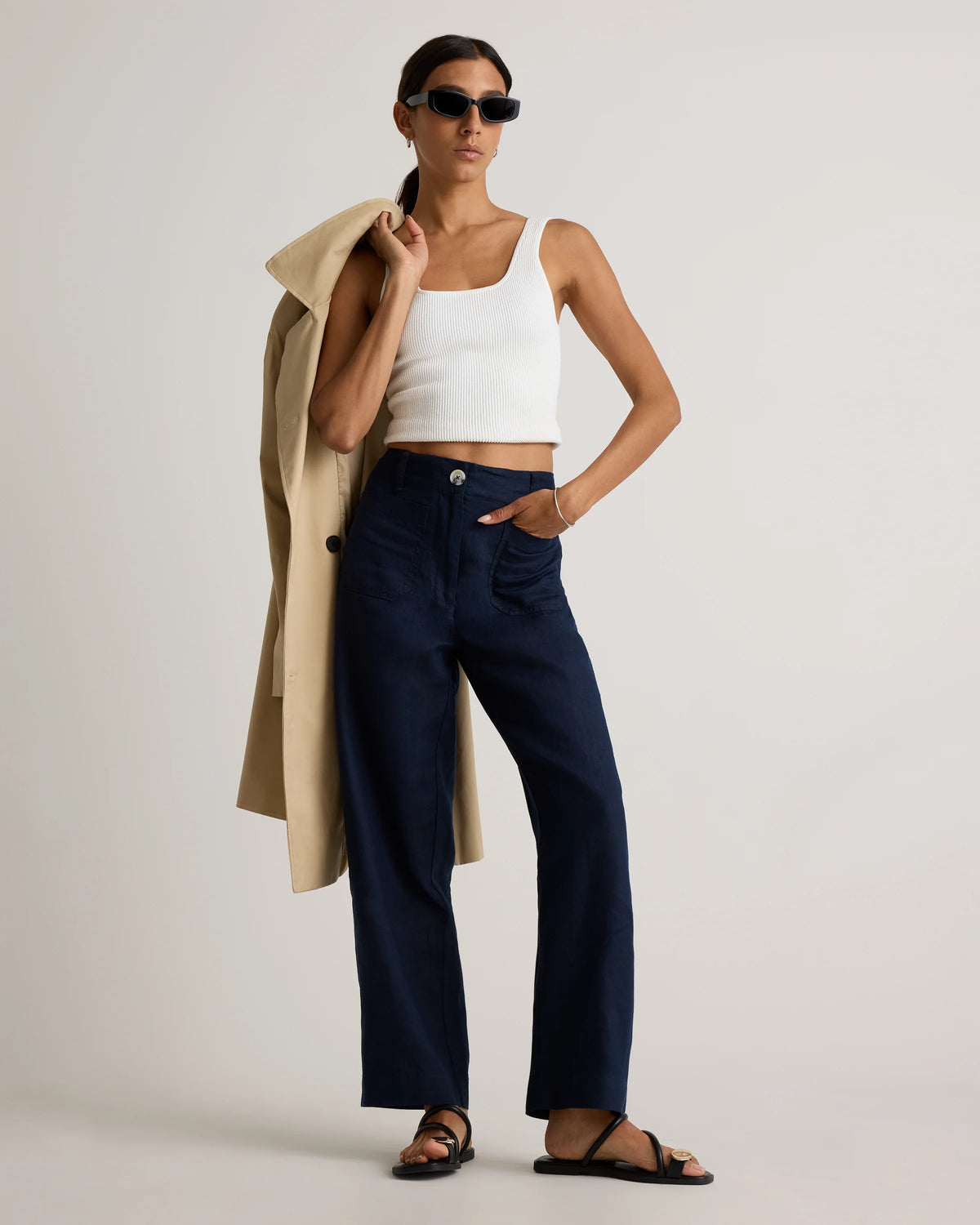100% European Linen Patch Pocket Wide Leg Pants - 0 / Taupe Brown Chambray