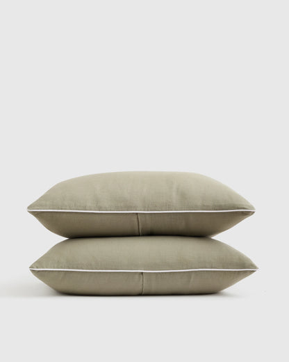 European Linen Piped Sham Set - Standard / White/Cherry