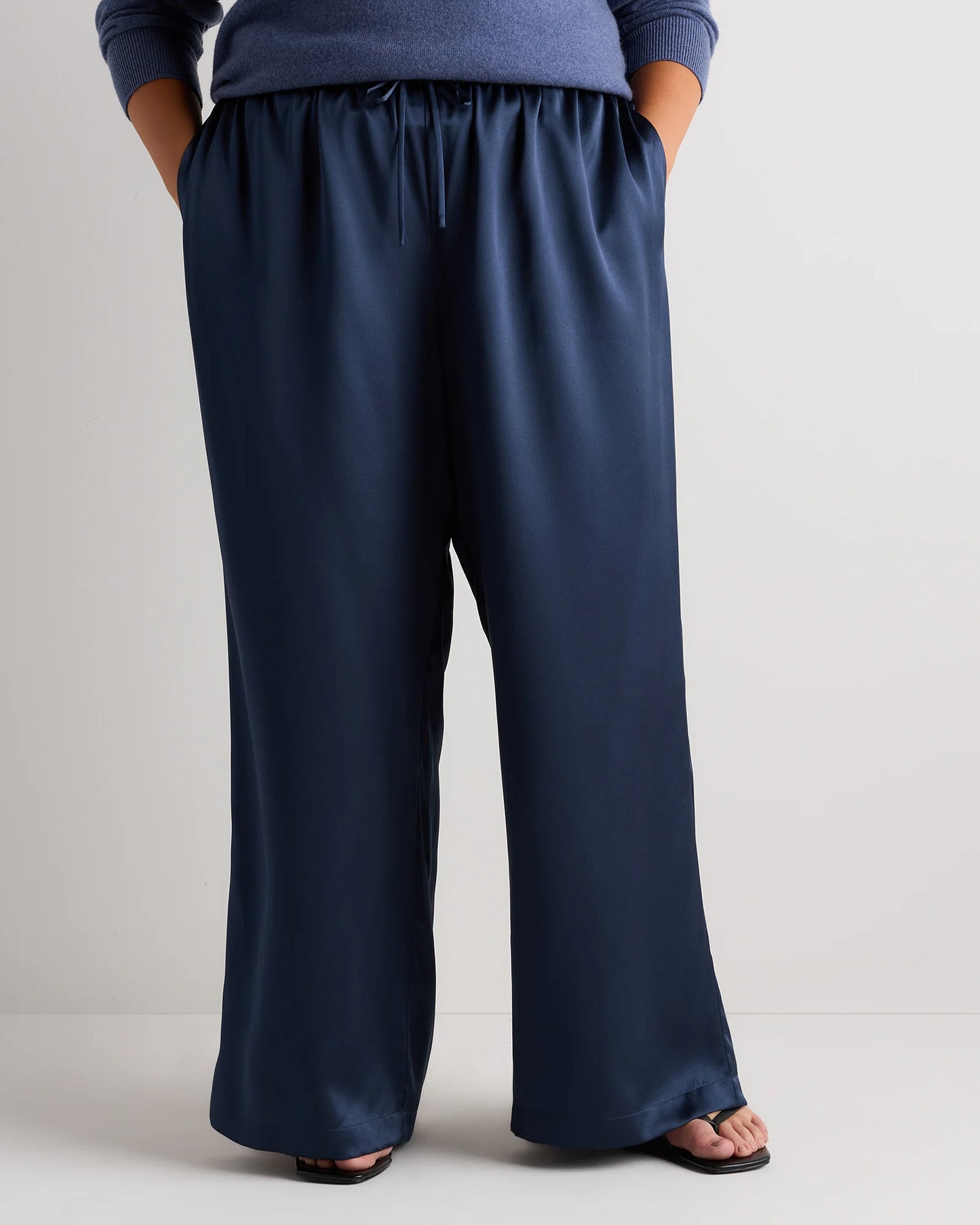 100% Washable Silk Drawstring Wide Leg Pants - 1X / Black