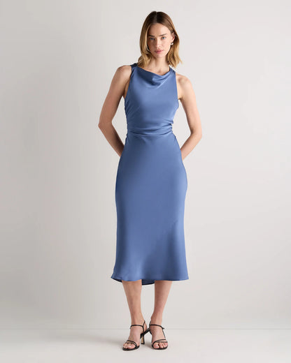 Washable Stretch Silk High Neck Midi Dress - XS / Vintage Navy Roses