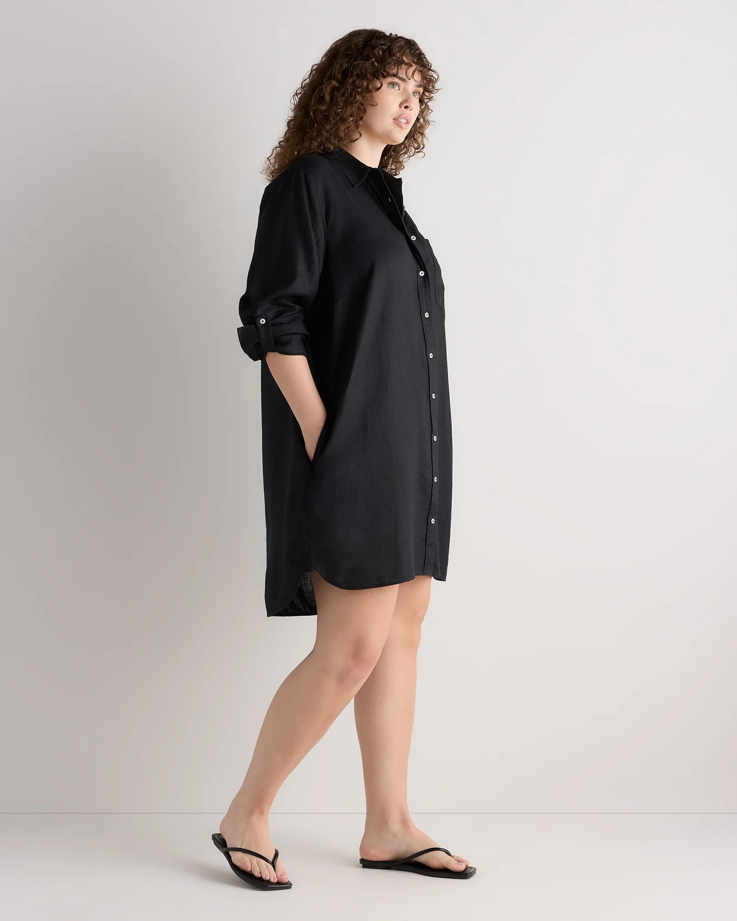 100% European Linen Shirt Dress - 1X / Black