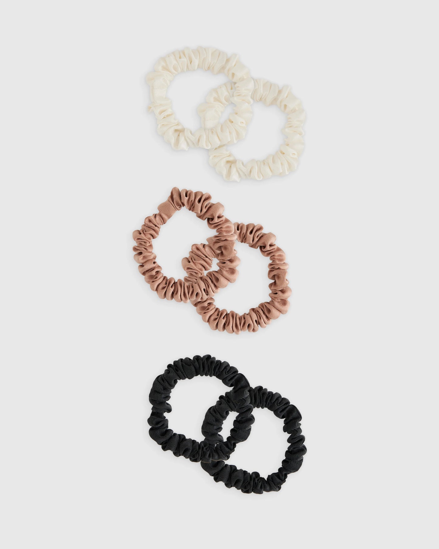 100% Washable Silk Skinny Scrunchies - One Size / Black/Ivory/Toasted Almond