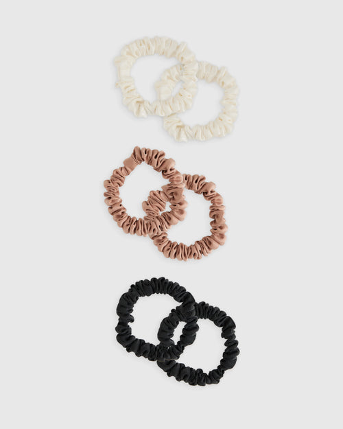 100% Washable Silk Skinny Scrunchies - One Size / Black/Ivory/Toasted Almond