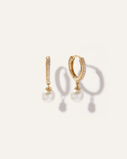14K Gold Pave Diamond Hoop Pearl Drop Earrings - One Size / Yellow Gold