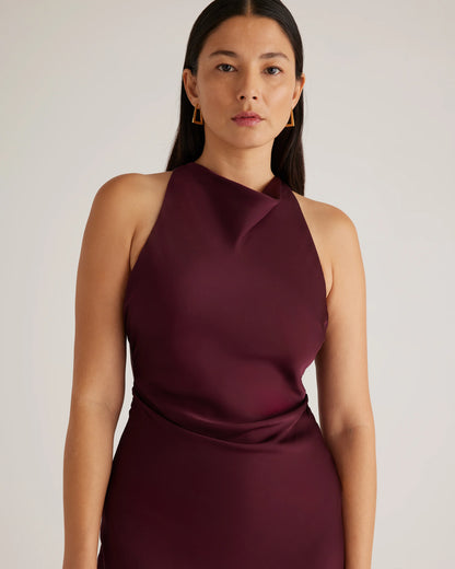 Washable Stretch Silk High Neck Midi Dress - XS / Vintage Navy Roses