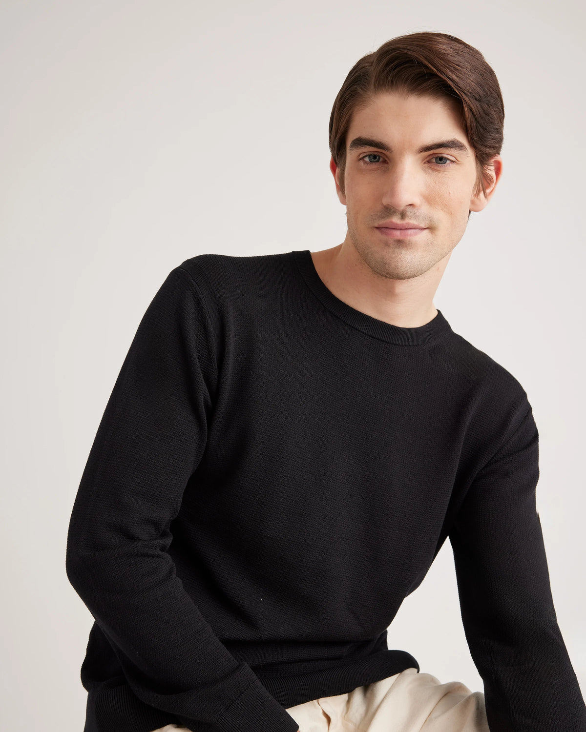 Organic Cotton-Silk Pique Crewneck Sweater - S / Speckled Beige
