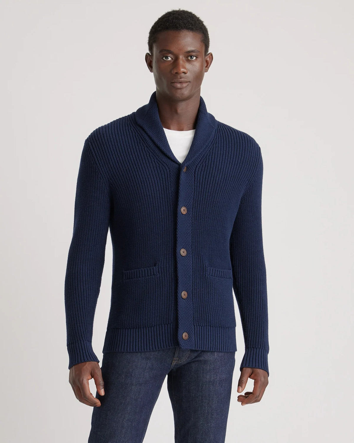 100% Organic Cotton Shawl-Collar Cardigan Sweater - S / Navy