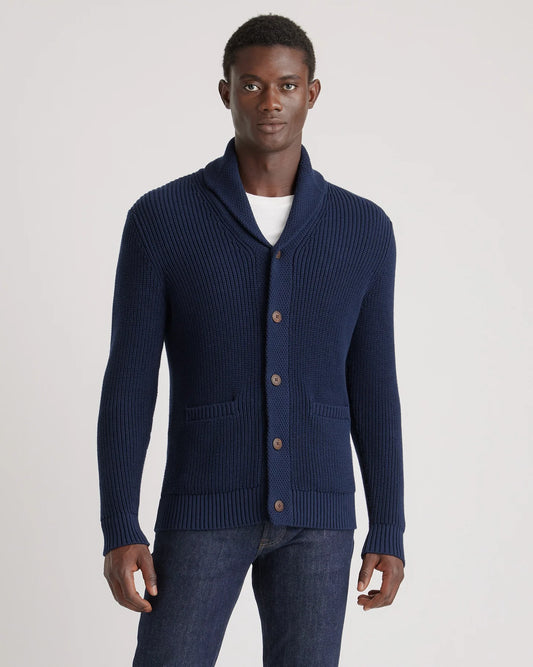 100% Organic Cotton Shawl-Collar Cardigan Sweater - S / Navy