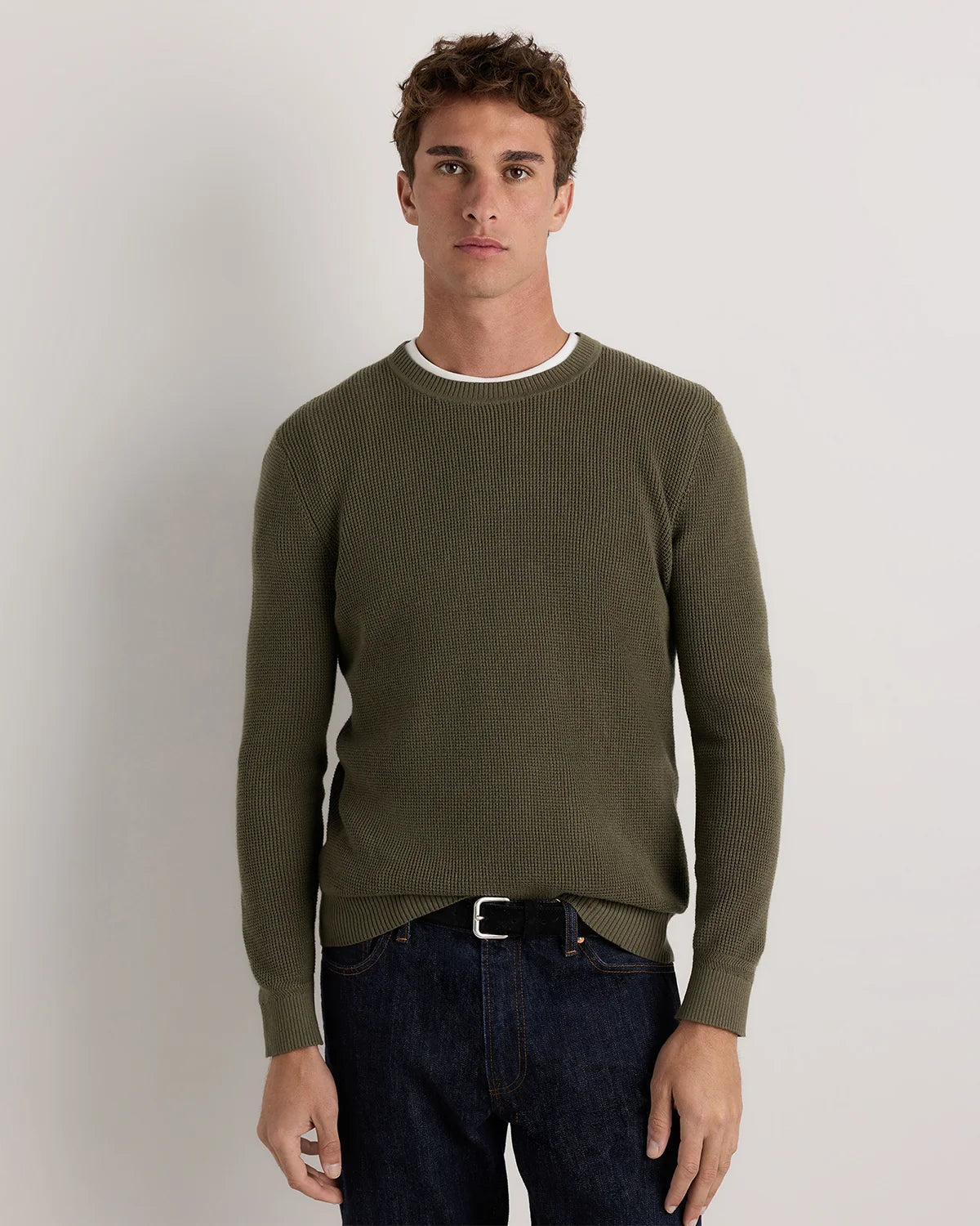 Organic Cotton Cashmere Waffle Crewneck Sweater - S / Bayberry Olive