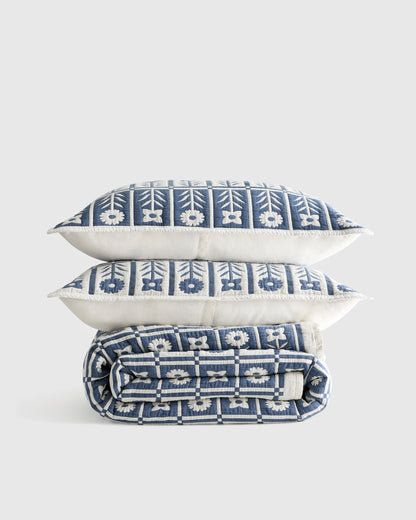 Organic Cotton Jacquard Floral Coverlet Set - Twin / Blue Fog