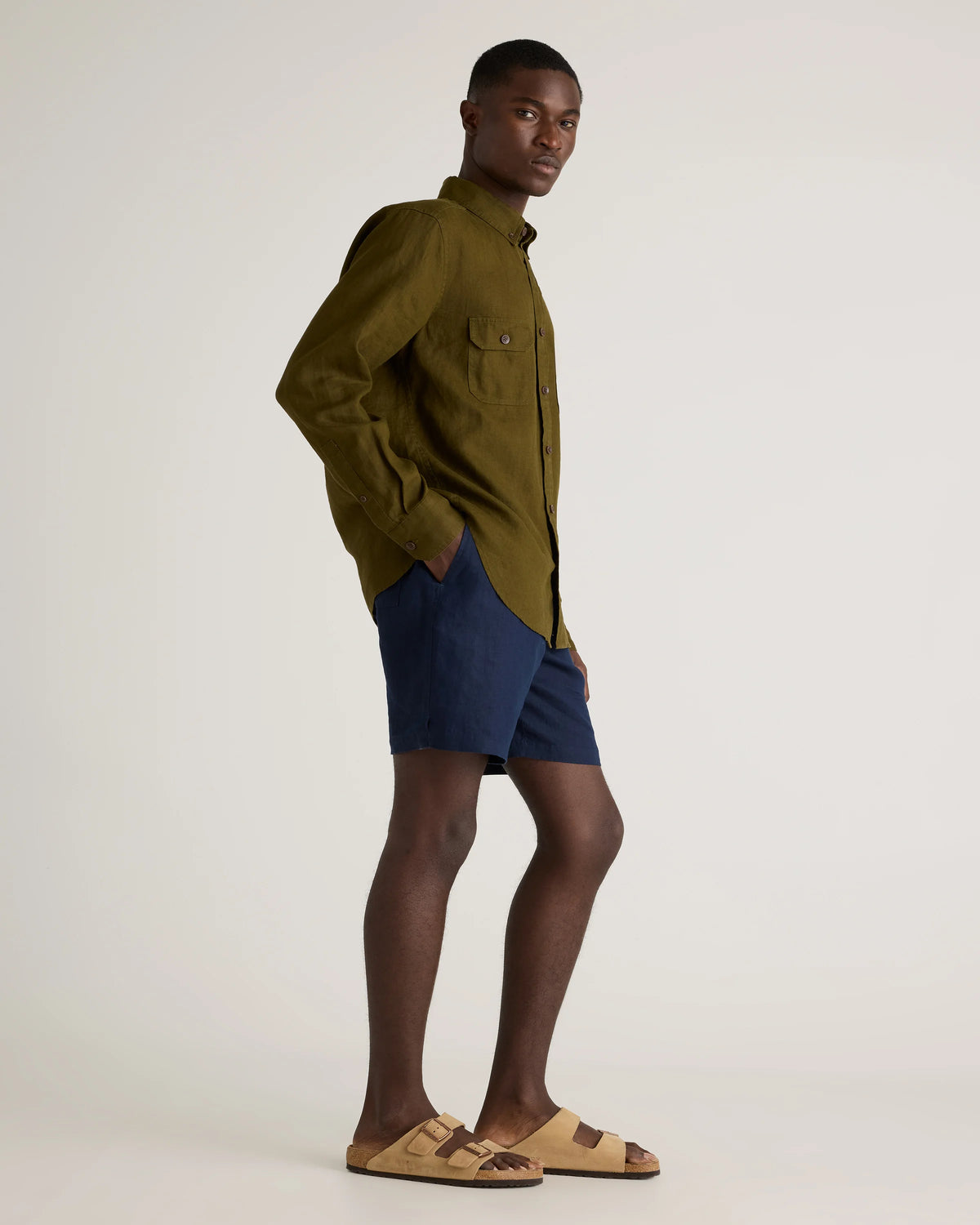 100% European Linen Drawstring Beach Shorts - 7" - XS / Taupe Brown Chambray