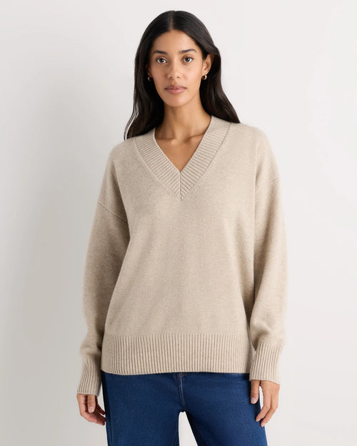 Mongolian Cashmere Oversized V-Neck Sweater - XS / Undyed Natural Heather