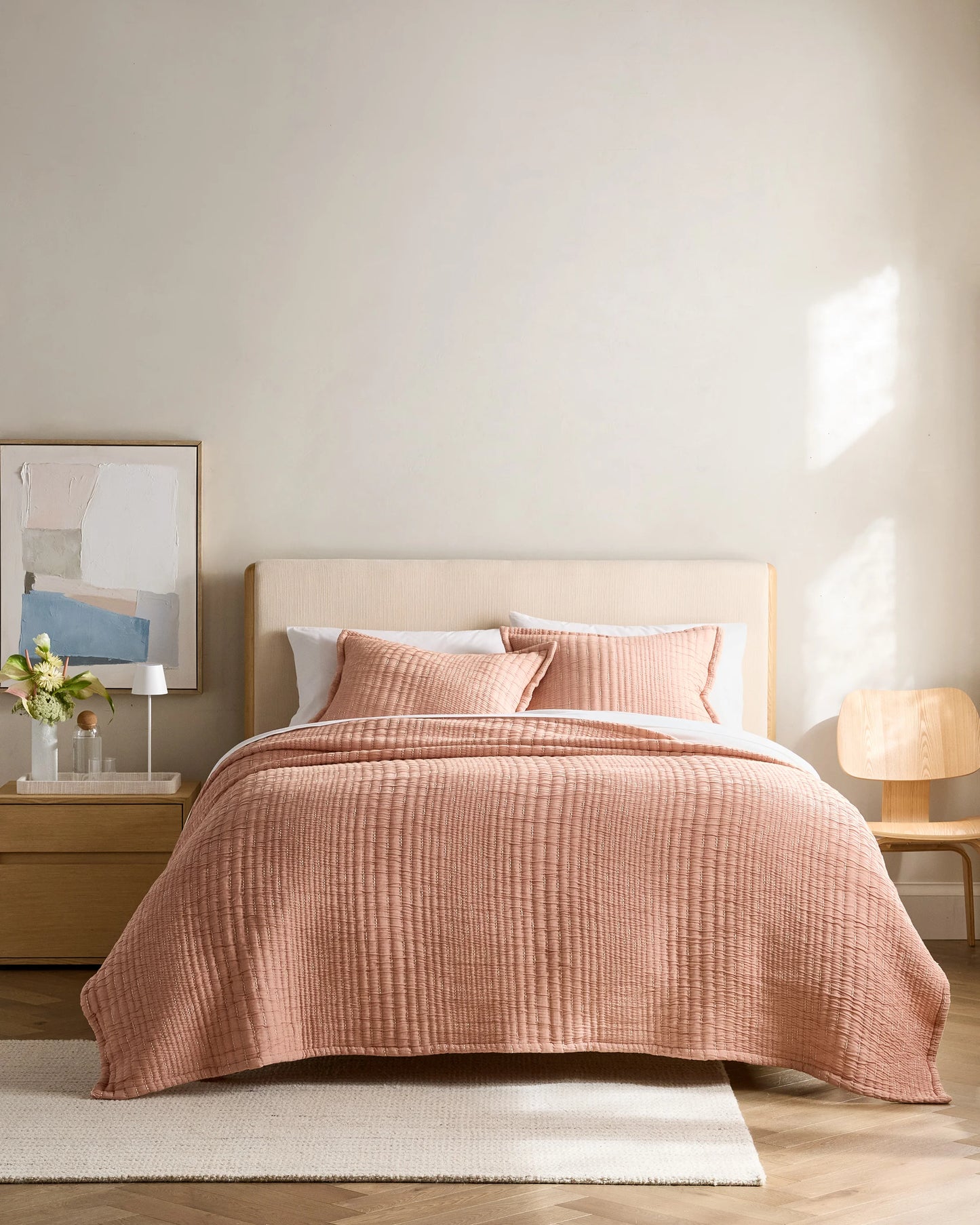 Organic Cotton Channel Stitch Coverlet - Twin / Coral Pink