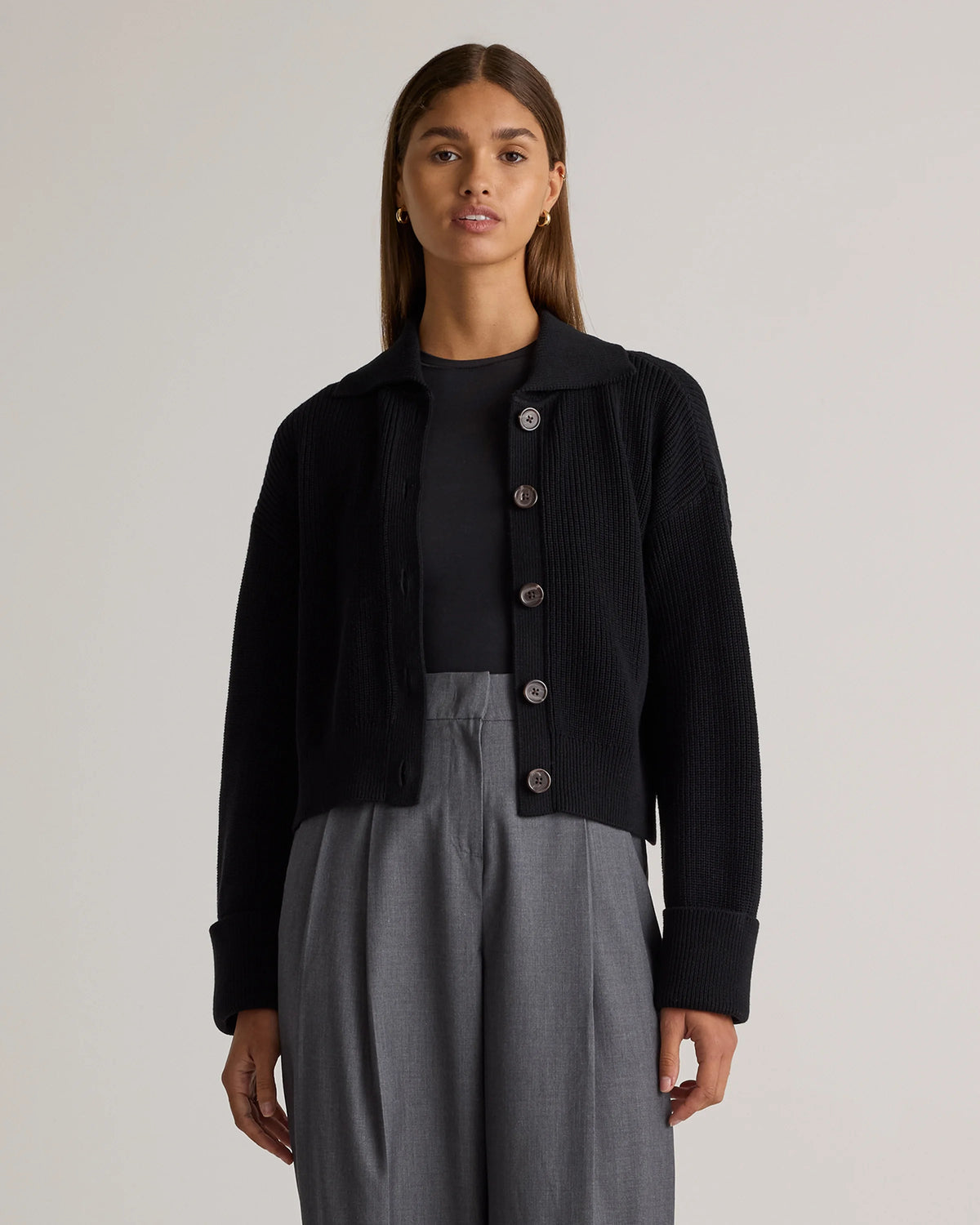 100% Organic Cotton Fisherman Collared Cardigan - XS / Heather Dove Grey