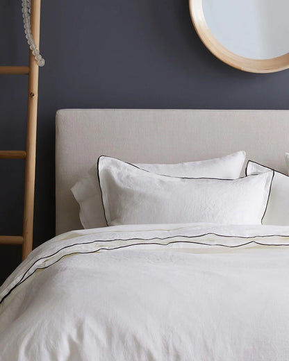 European Linen Double Embroidered Edge Duvet Cover Set - Twin / Sand with Terracotta Embroidery