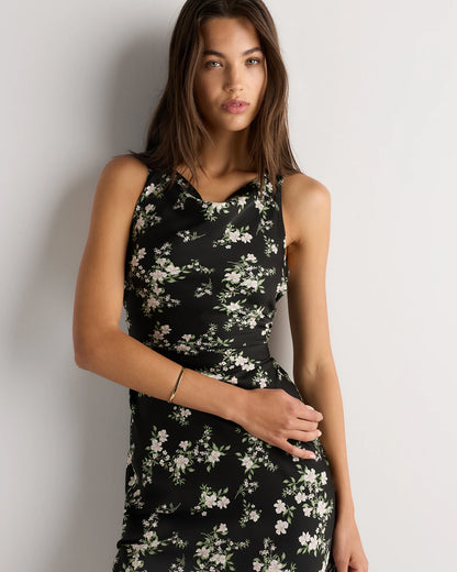 Washable Stretch Silk High Neck Midi Dress - XS / Vintage Navy Roses