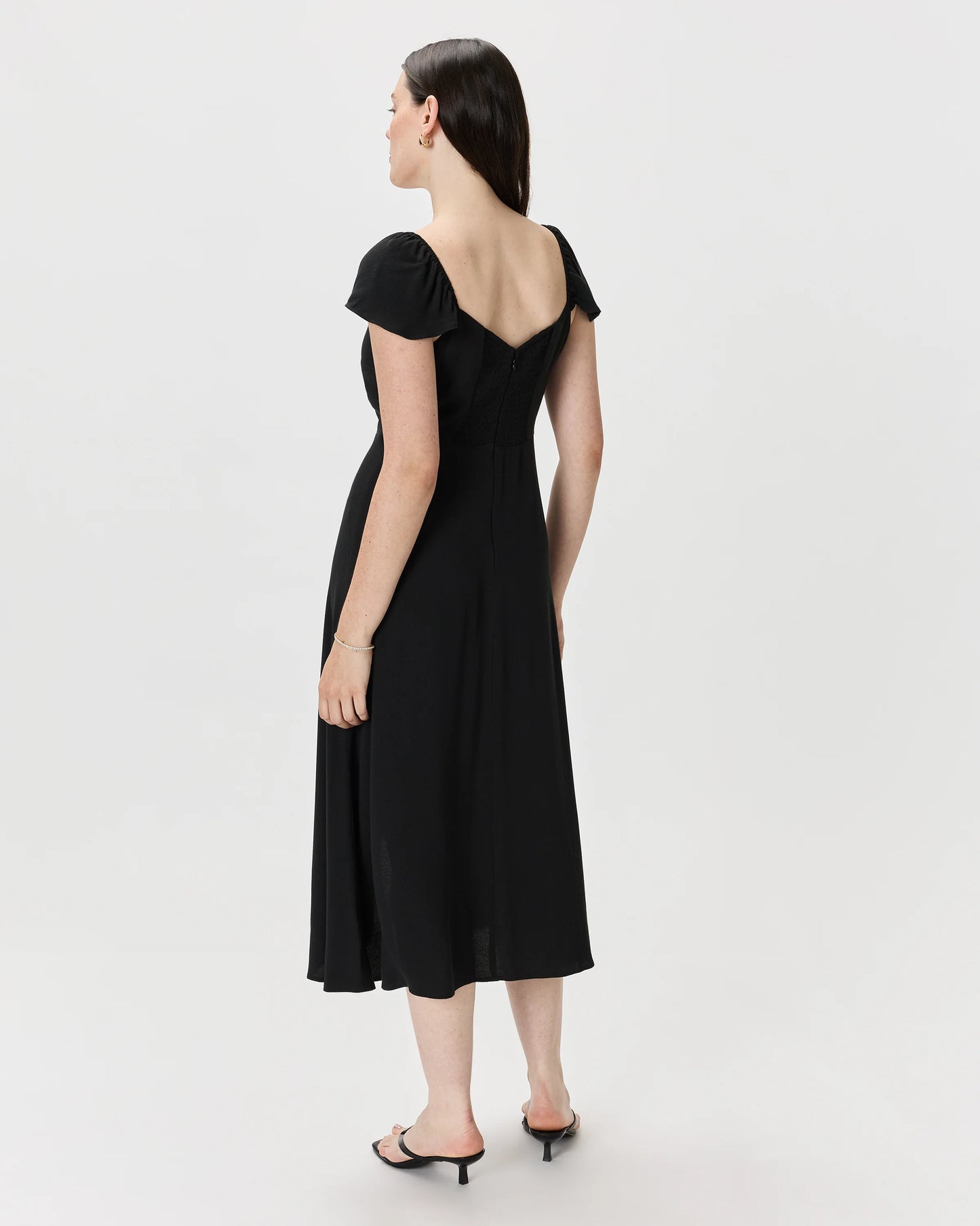 Lightweight Crepe Flutter Sleeve Midi Dress - XS / True Black