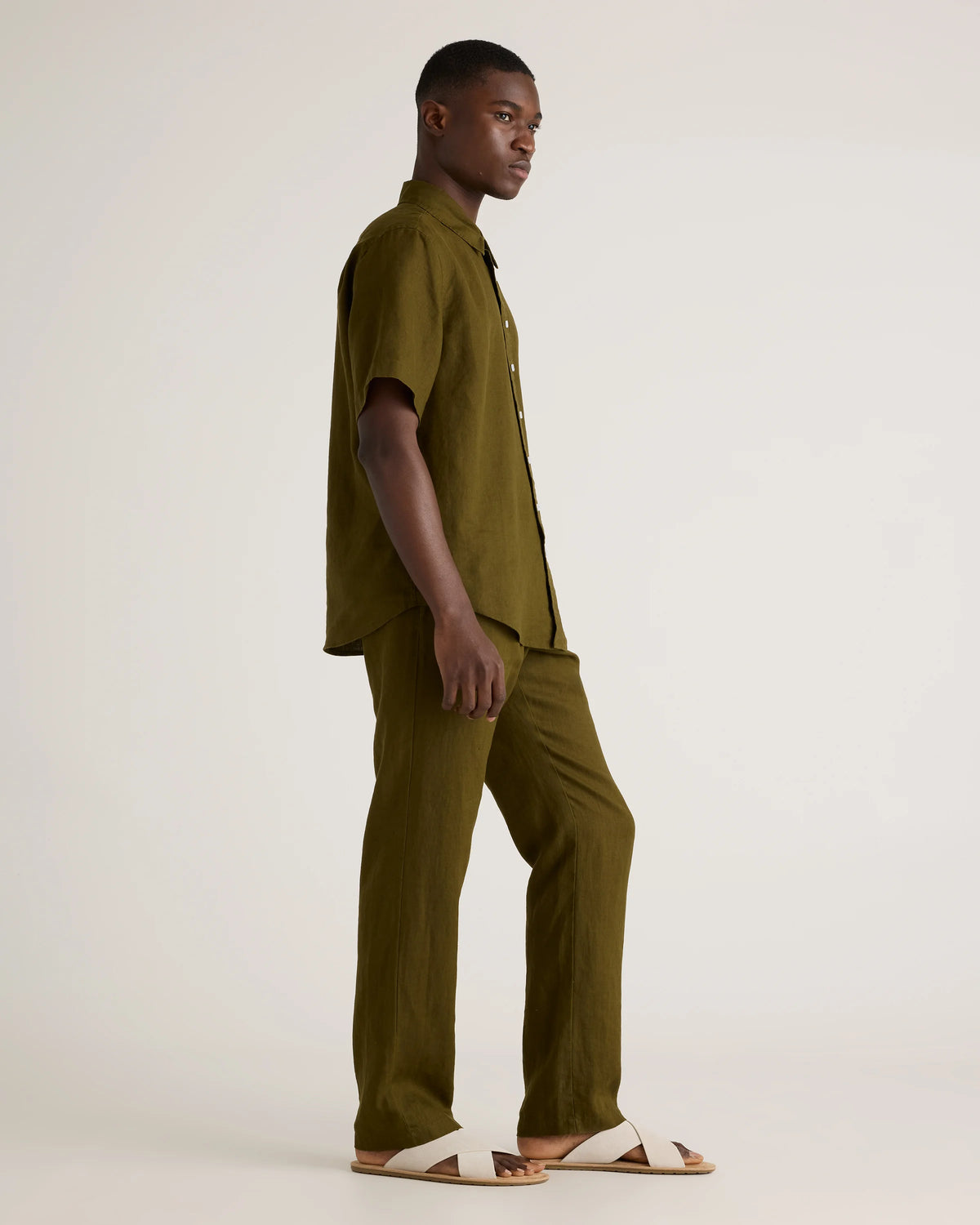 100% European Linen Relaxed Short Sleeve Shirt - XS / Taupe Brown Chambray