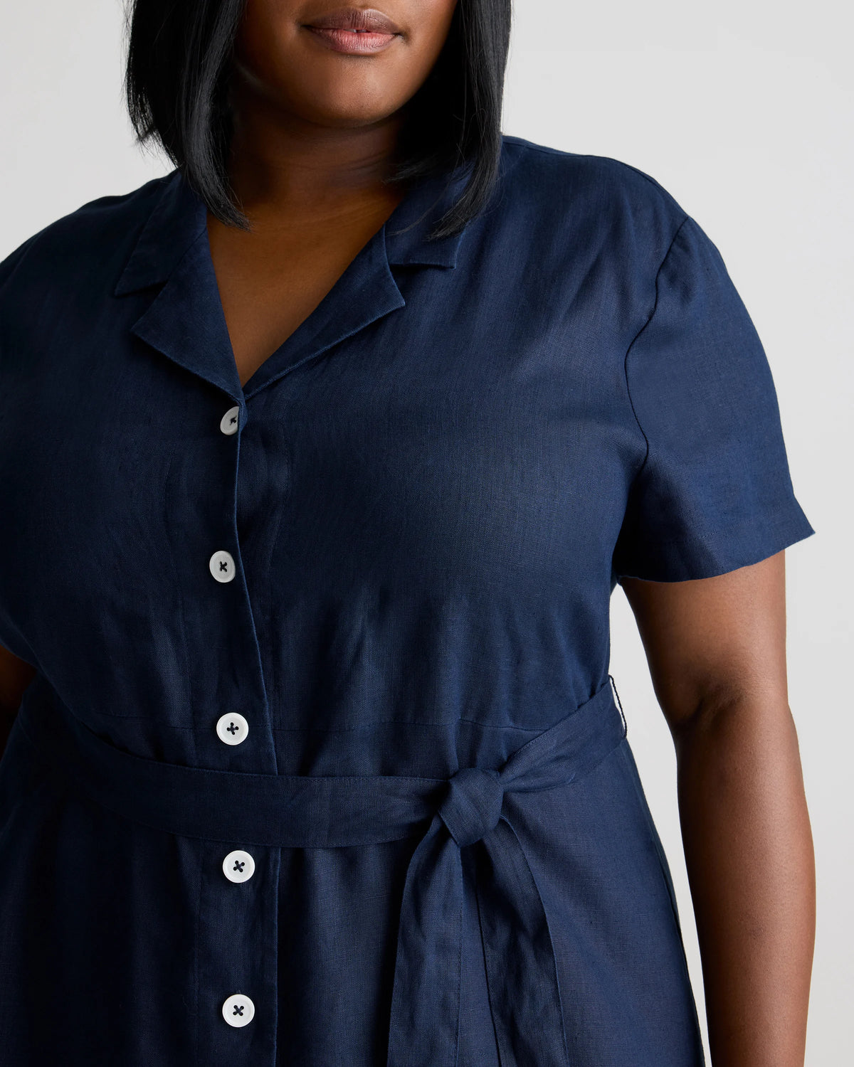 100% European Linen Button Front Dress - 1X / Blue Pinstripe