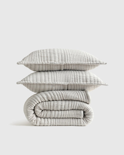 Organic Cotton Channel Stitch Coverlet Set - Twin / Coral Pink