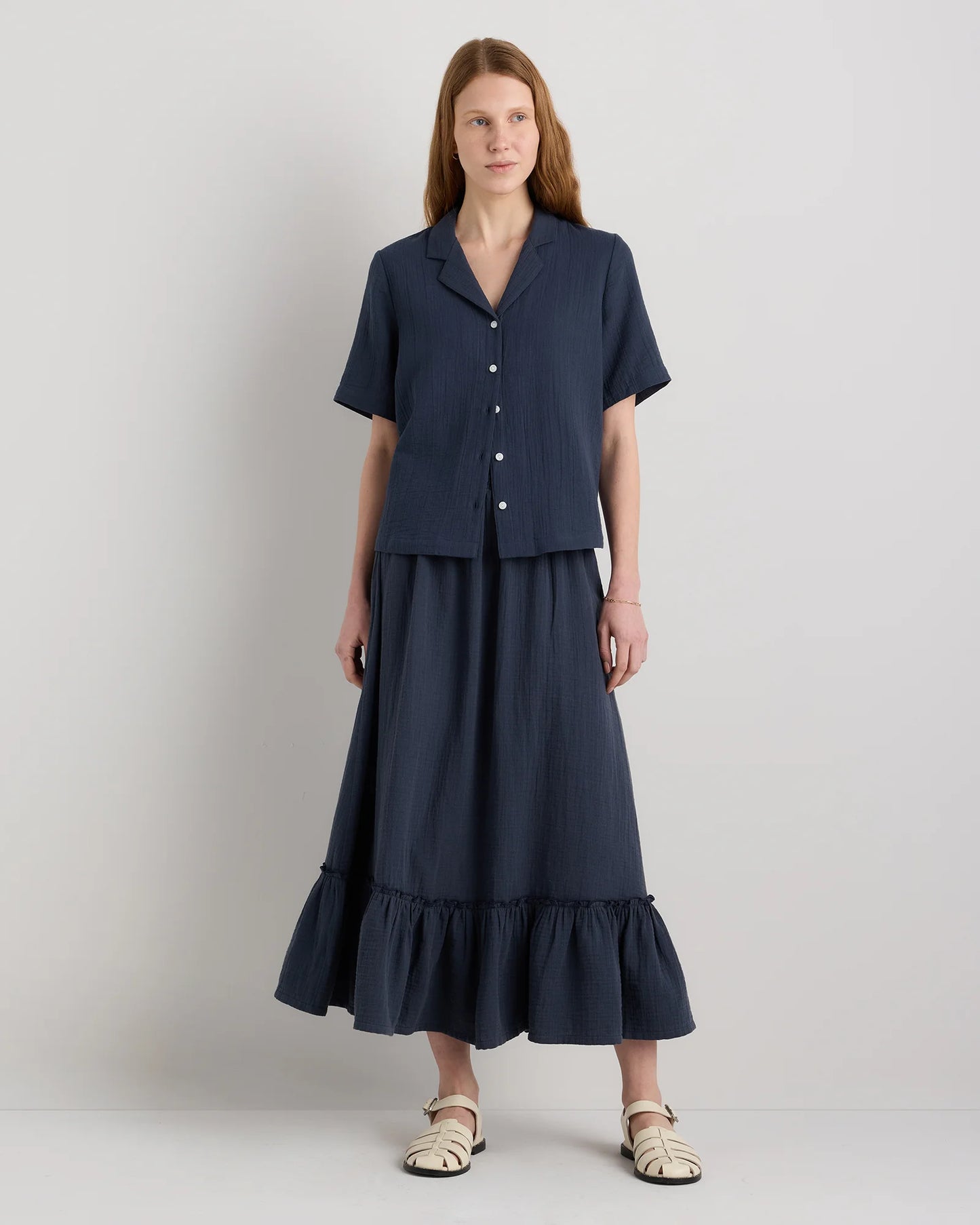 100% Organic Cotton Gauze Smocked Maxi Skirt - XS / Blue Gingham