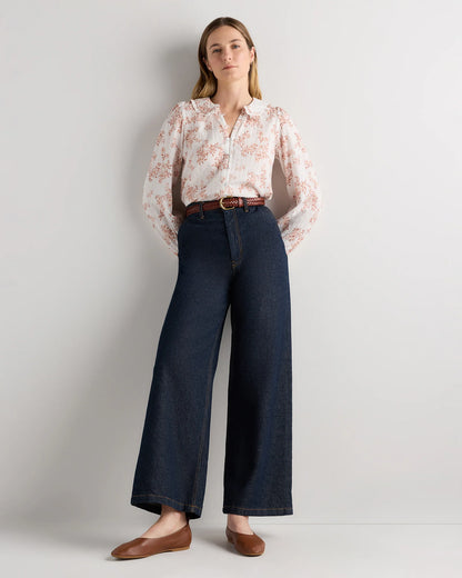 Embroidered Cotton Ruffle Collar Long Sleeve Blouse - XS / Ivory Rose Pink Petite Floral