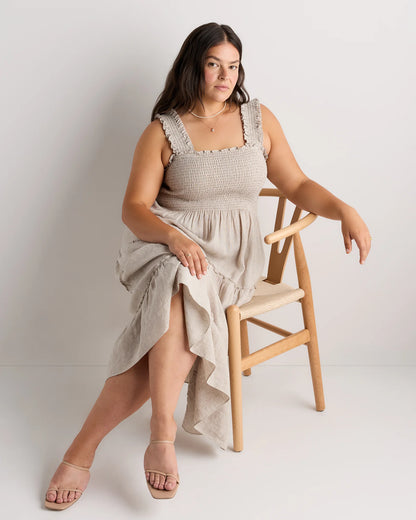 100% European Linen Smocked Midi Dress - 1X / Flax