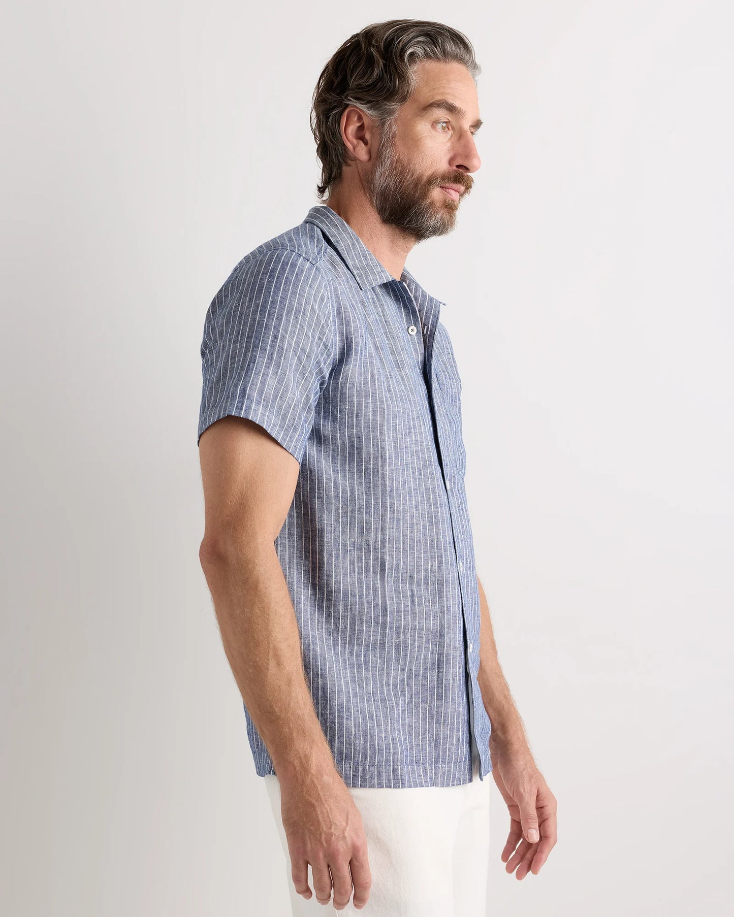 100% European Linen Camp Shirt - XS / Sky Blue Mariner Stripe