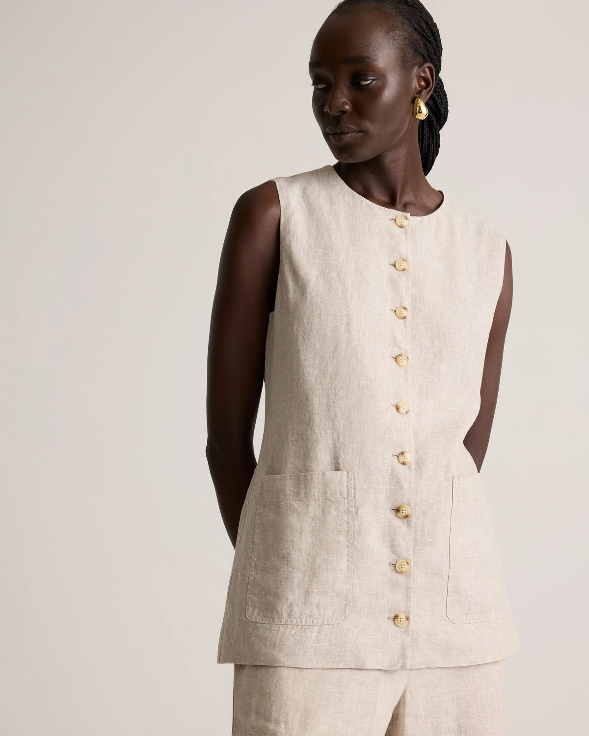 100% European Linen Longline Vest - XS / Taupe Brown Chambray