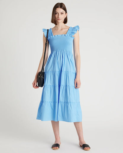 100% Organic Cotton Poplin Smocked Midi Dress - XS / Riviera Blue Heirloom Floral