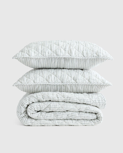 European Linen Stripe Quilt Set - Twin / Natural/White Stripe
