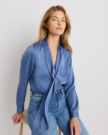Washable Stretch Silk Tie Neck Blouse - XS / Moonstone Blue