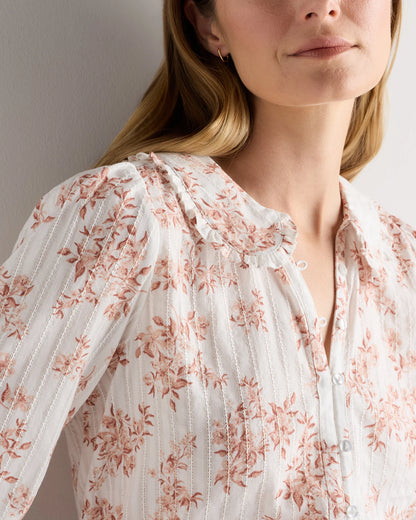 Embroidered Cotton Ruffle Collar Long Sleeve Blouse - XS / Ivory Rose Pink Petite Floral