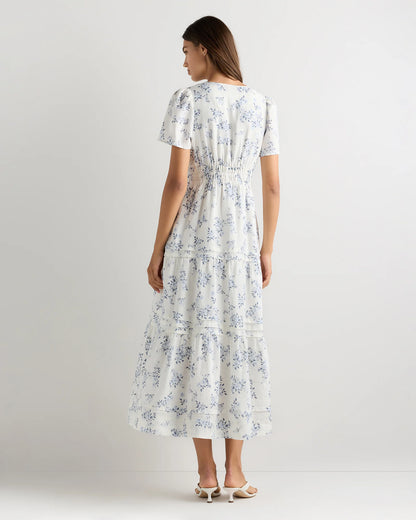 100% European Linen Tiered Maxi Dress - XS / Ivory Porcelain Blue Petite Floral