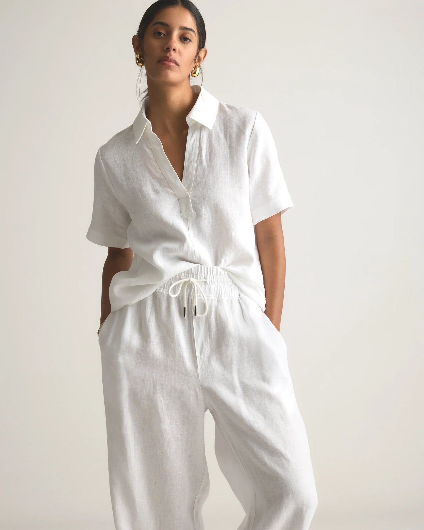 100% European Linen Short Sleeve Popover Top - XS / Blue Pinstripe