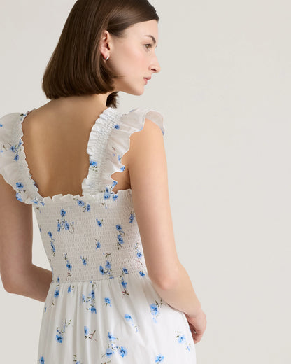 100% Organic Cotton Poplin Smocked Midi Dress - XS / Riviera Blue Heirloom Floral