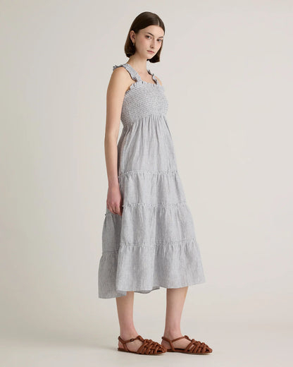 100% European Linen Smocked Midi Dress - XS / Ivory Porcelain Blue Petite Floral