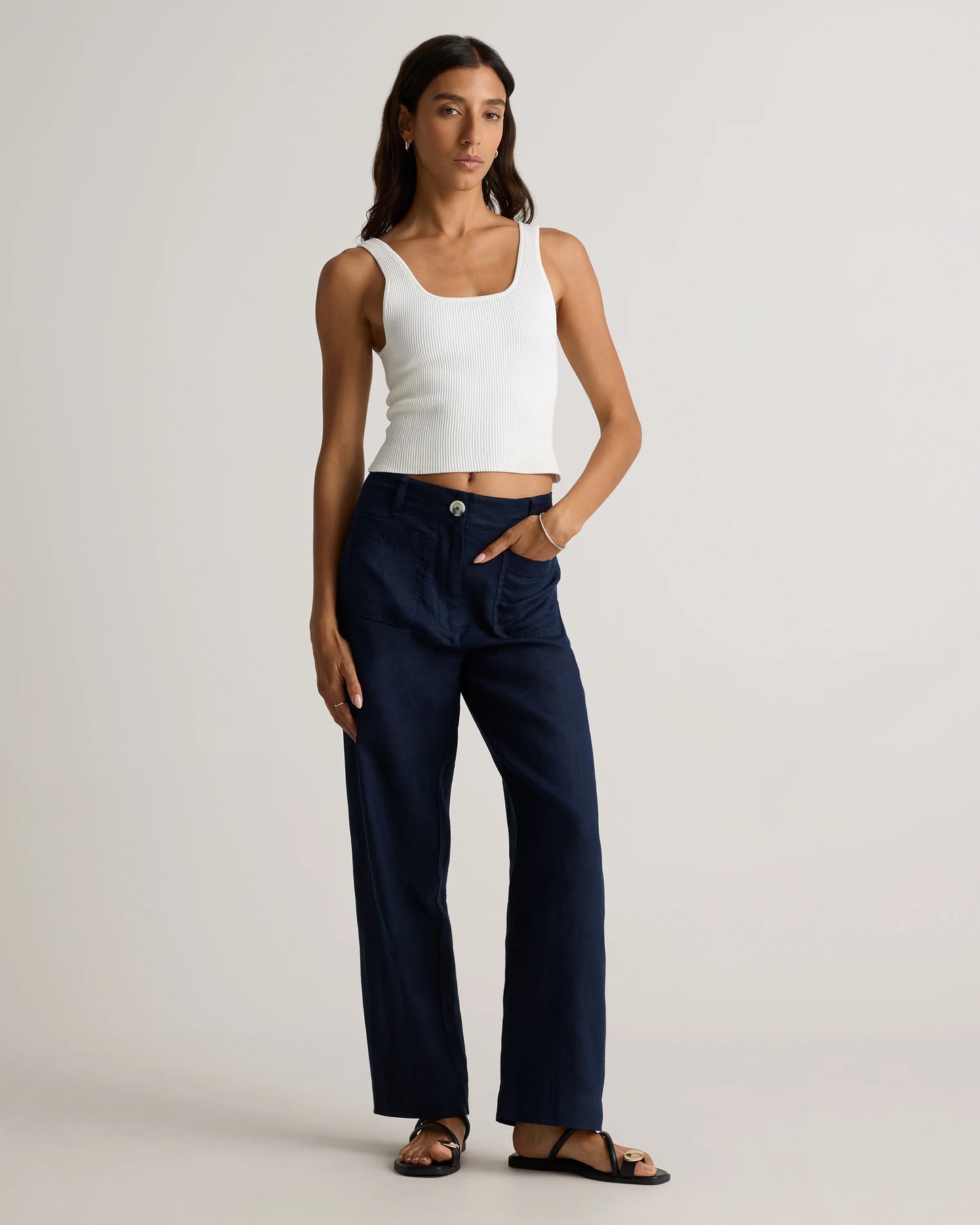 100% European Linen Patch Pocket Wide Leg Pants - 0 / Taupe Brown Chambray
