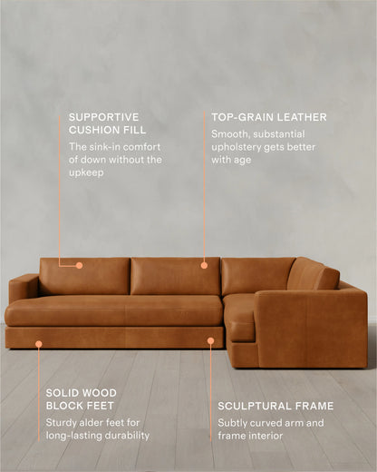 Sierra Curved Arm L Sectional in Leather - Right Arm / Auburn