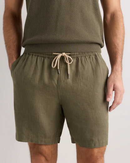 100% European Linen Drawstring Beach Shorts - 7" - XS / Taupe Brown Chambray