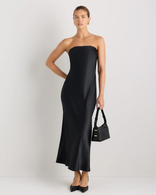 100% Washable Silk Strapless Scarf Maxi Dress - XS / Black