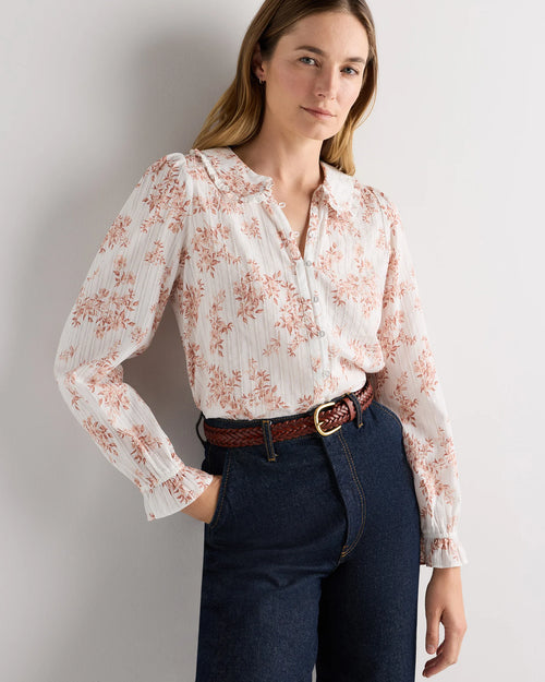 Embroidered Cotton Ruffle Collar Long Sleeve Blouse - XS / Ivory Rose Pink Petite Floral