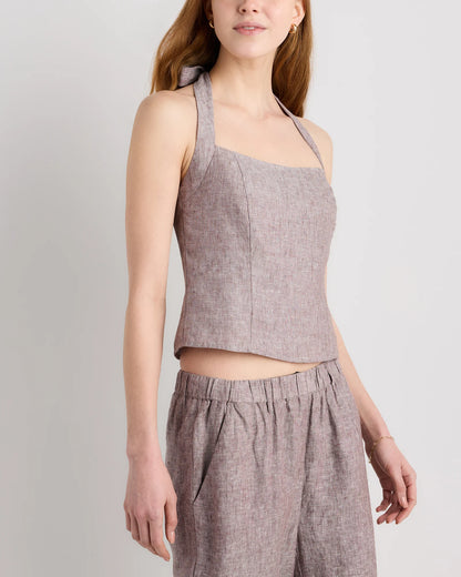 100% European Linen Halter Top - XS / Red Classic Mini Gingham